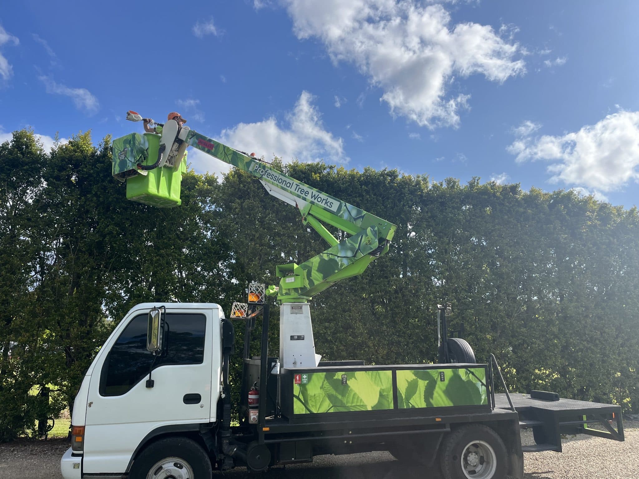 EWP Versa Lift truck trimming tall hedges with cherry picker