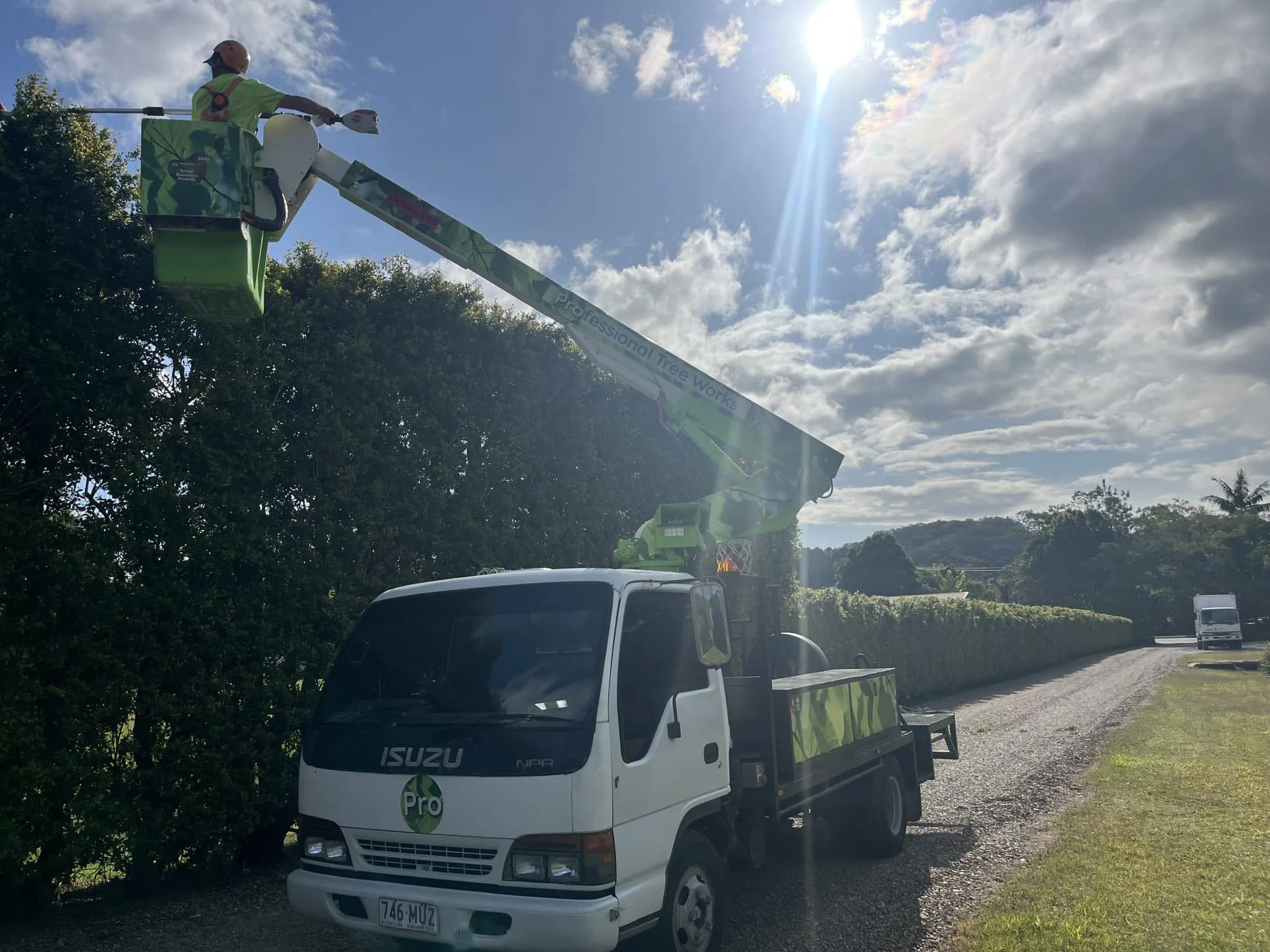 Versa Lift EWP in use by Pro Tree Works for hedge trimming